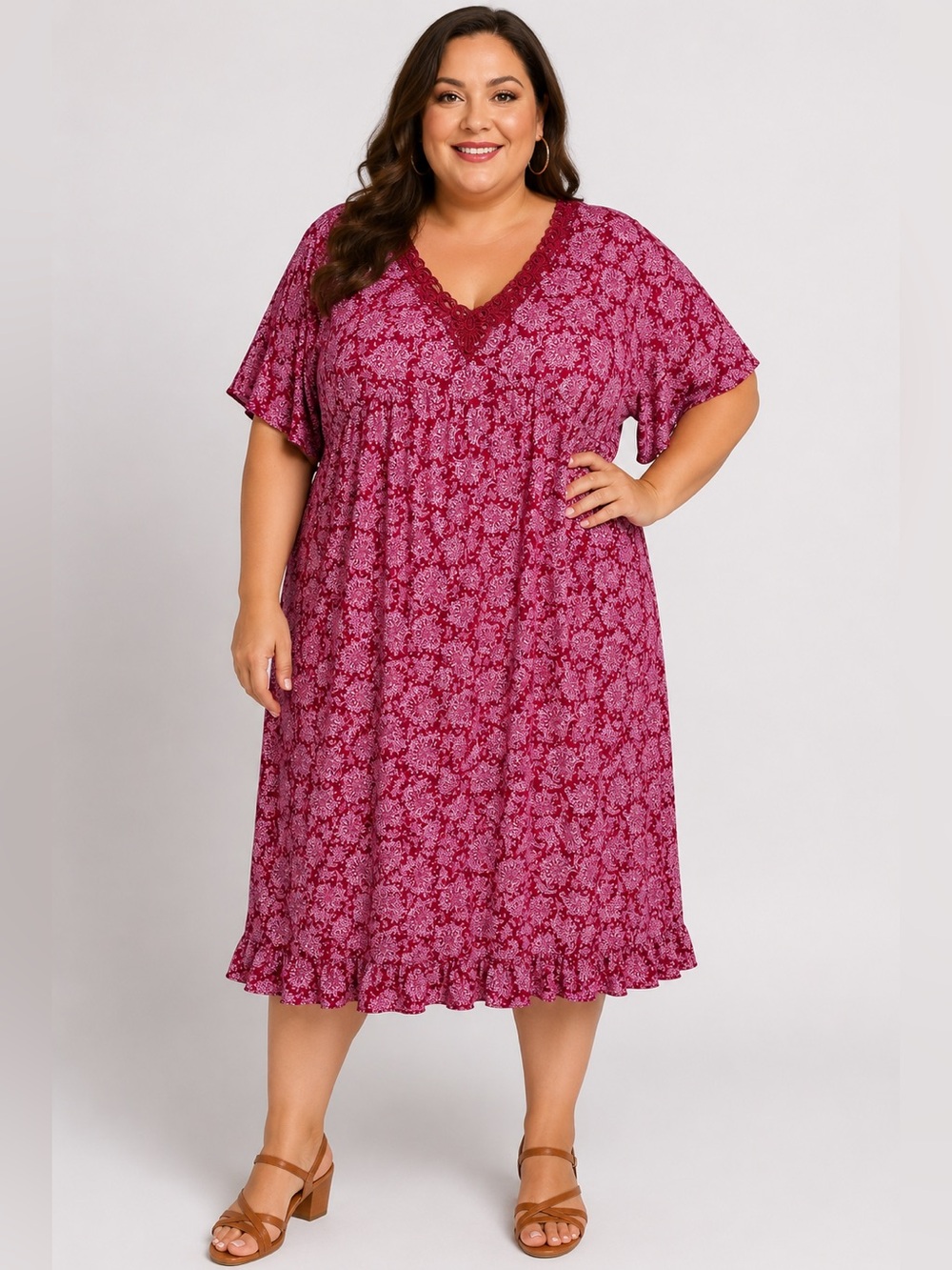Fashion Bug Red Lace-Trimmed Floral Dress. Size 4X